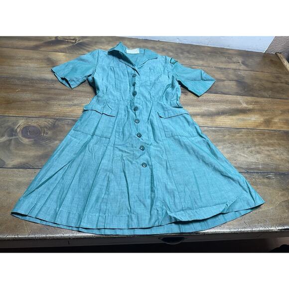 VTG 50s Girl Scout Uniform Dress Green Girls 10/12 Buttons Costume - Picture 1 of 15